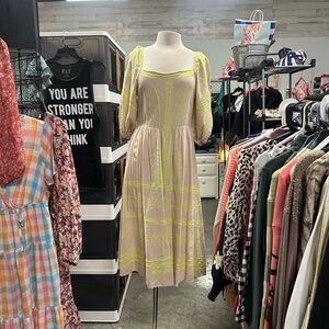 Boho Yellow and Cream Long Sleeve Sundress with Square Neck